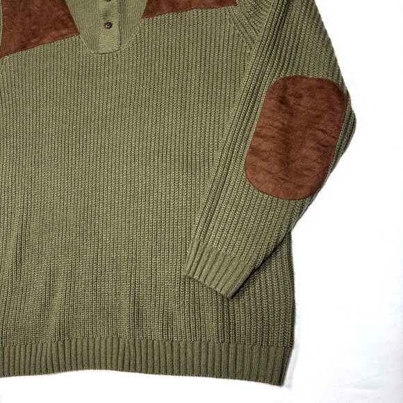 Boulder Creek Green Knit Henley Sweater Suede Elbow/Shoulder Patch Mens 3XLT - Picture 2 of 9